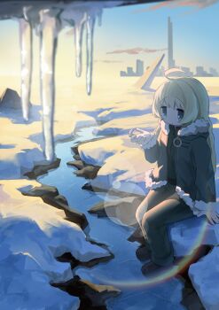 1girl absurdres ahoge black_shoes blonde_hair blue_eyes fur-trimmed_jacket fur_trim green_jacket green_pants highres ice icicle jacket karmanima0w0 long_hair military_uniform morning pants rainbow river shadow shoes shoujo_shuumatsu_ryokou sitting snow yuuri_(shoujo_shuumatsu_ryokou)