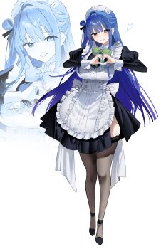 1girl absurdres alternate_costume apron arcana_(nikke) blue_hair bow bowtie commentary full_body goddess_of_victory:_nikke green_bow green_bowtie grey_eyes hair_rings heart heart_hands highres lace lace-trimmed_thighhighs lace_trim light_blush long_hair maid maid_apron maid_headdress side_slit single_hair_ring smile solo suju0813 thighhighs unconventional_maid white_background zoom_layer