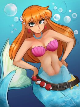 1girl air_bubble alternate_hairstyle bare_shoulders belt belt_buckle bikini blysill breasts bubble buckle cleavage closed_mouth collarbone earrings green_eyes hair_between_eyes hair_down hair_ornament hands_on_own_hips highres jewelry long_hair looking_at_viewer medium_breasts mermaid mermaid_misty_(pokemon) misty_(pokemon) monster_girl monsterification navel necklace nintendo orange_hair pearl_necklace poke_ball poke_ball_(basic) pokemon pokemon_(anime) pokemon_(classic_anime) pout seashell shell shell_bikini solo stomach swimsuit underwater v-shaped_eyebrows water