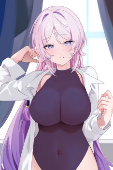 1girl breasts citlali_(genshin_impact) cleavage collarbone collared_shirt commentary covered_navel curtains english_commentary facial_mark forehead_mark genshin_impact gradient_hair highres large_breasts long_hair long_sleeves looking_at_viewer multicolored_hair pink_hair purple_eyes purple_hair sasunopi shirt solo teeth triangle triangle_facial_mark very_long_hair white_shirt window