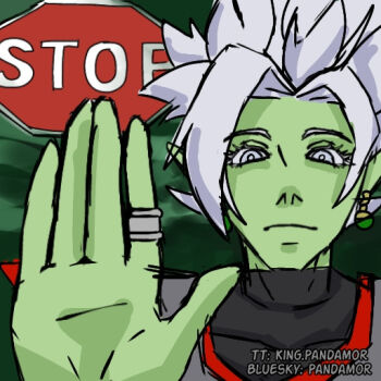 1boy black_bodysuit bodysuit colored_skin dragon_ball dragon_ball_super earrings fused_zamasu green_skin grey_eyes hand_up jewelry long_sleeves meme pandamor pointy_ears potara_earrings ring road_sign sign solo spiked_hair stop_sign white_hair