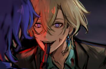 2boys aqua_shirt aventurine_(honkai:_star_rail) black_jacket blonde_hair chromatic_aberration commentary_request crazy_smile dr._ratio_(honkai:_star_rail) earrings feather_earrings feathers gun_in_mouth hair_between_eyes highres honkai:_star_rail honkai_(series) jacket jewelry jhenny345 looking_at_another male_focus medium_hair multiple_boys portrait purple_eyes purple_hair ringed_eyes scene_reference shirt smile spanish_commentary squid_game wide-eyed