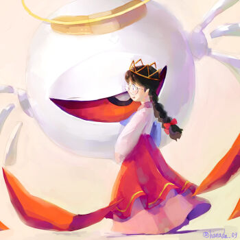 Rule 34 | 1girl, artist name, bandaid, black hair, bow, freckles, glasses, hair bow, halo, hanada (cobalt003), kirby (series), kirby 64, long hair, long skirt, nintendo, one-eyed, pink skirt, red bow, red eyes, ripple star queen, skirt, sleeves past fingers, sleeves past wrists, sweatdrop, zero two (kirby)