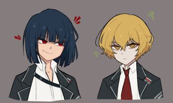 Rule 34 | 1boy, 1girl, arms at sides, black jacket, black sleeves, blonde hair, blunt bangs, blunt ends, closed mouth, collared shirt, cropped torso, empty eyes, flying sweatdrops, grey background, hair between eyes, highres, jacket, lapels, limbus company, looking at another, looking at viewer, necktie, open clothes, open collar, open jacket, project moon, red eyes, red necktie, ryoshu (project moon), shirt, short hair, sinclair (project moon), smile, solharpoon, suit jacket, tsurime, white shirt, yellow eyes