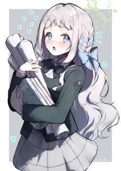 1girl absurdres blue_archive blue_bow blue_eyes blue_ribbon blush book border bow bowtie braid coffee_upa collared_shirt commentary_request cosplay flying_sweatdrops gakuen_idolmaster green_bow green_bowtie green_halo green_jacket grey_background grey_hair grey_skirt hair_bow hair_ribbon halo highres holding holding_book holding_scroll hugging_book hugging_object idolmaster jacket katsuragi_lilja long_hair long_sleeves looking_at_viewer miyo_(blue_archive) open_mouth outside_border plaid_clothes plaid_skirt ribbon ribbon_braid scroll shirt sidelocks signature skirt solo striped_bow striped_bowtie striped_clothes voice_actor_connection white_border