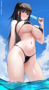1girl alternate_costume arm_behind_back bikini black_bikini black_eyes black_hair black_nails blue_sky blush breasts circlet cleavage closed_mouth cloud day fire_emblem fire_emblem_awakening food from_below holding holding_food holding_popsicle huge_breasts kaos_art long_hair micro_bikini navel nintendo outdoors popsicle sideboob sky solo stomach swimsuit tharja_(fire_emblem) thick_thighs thighs two_side_up underboob very_long_hair wading water wet