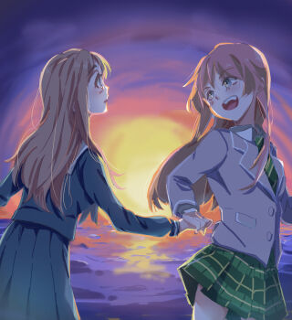 Rule 34 | 2girls, absurdres, bang dream!, bang dream! it's mygo!!!!!, blue shirt, blue skirt, brown hair, chihaya anon, commentary, diagonal-striped clothes, diagonal-striped necktie, green necktie, green skirt, grey jacket, haneoka school uniform, hashtag-only commentary, highres, holding hands, jacket, karakuzu mygo, long hair, long sleeves, multiple girls, nagasaki soyo, necktie, open mouth, pink hair, school uniform, shirt, sidelocks, skirt, striped clothes, sunset, teeth, tsukinomori school uniform, upper teeth only, yuri