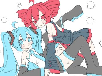 2girls ahoge between_legs black_shirt black_skirt blue_eyes blue_hair blue_necktie blue_panties blush closed_mouth collared_shirt commentary detached_sleeves drill_hair fumomono hand_on_another's_thigh hatsune_miku highres kasane_teto long_hair looking_at_viewer multiple_girls necktie panties panties_around_one_ankle parted_lips pleated_skirt red_eyes red_hair shirt simple_background skirt steam striped_clothes striped_panties sweat twin_drills twintails underwear utau vocaloid white_background white_shirt yuri