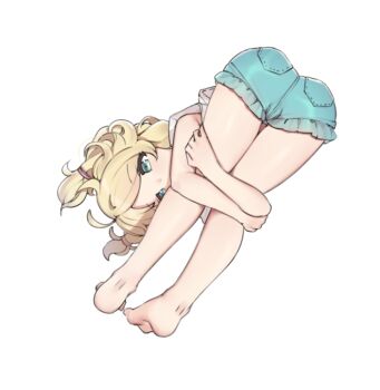Rule 34 | 1girl, aa211108, ahoge, aqua shorts, ass, bare legs, barefoot, blonde hair, dot nose, dutch angle, forward fold, frilled shorts, frills, from behind, full body, green eyes, hair tie, hugging own legs, idolmaster, idolmaster cinderella girls, knees to chest, korean commentary, legs, long hair, looking at viewer, mixed-language commentary, parted bangs, short shorts, short sleeves, shorts, simple background, solo, standing, thigh gap, twintails, white background, yusa kozue