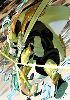 1boy absurdres agatsuma_zenitsu baggy_pants black_jacket black_pants black_shoes blonde_hair blunt_ends clenched_teeth closed_eyes cloud cloudy_sky collared_jacket colored_tips demon_slayer_uniform determined electricity electrokinesis floating floating_clothes floating_hair from_below full_body gakuran haori high_collar highres holding holding_sword holding_weapon jacket japanese_clothes katana kimetsu_no_yaiba layered_sleeves leg_warmers long_sleeves male_focus multicolored_hair orange_leg_warmers orange_robe outdoors pants robe scabbard school_uniform sheath shoes short_hair sky solo sword taiju_(gr09kuma) teeth triangle_print unsheathing weapon