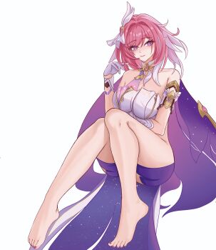 1girl absurdres bare_shoulders barefoot black_shorts breasts chinese_commentary commentary_request corset diamond-shaped_pupils diamond_(shape) elf elysia_(herrscher_of_human:_ego)_(honkai_impact) elysia_(honkai_impact) feet gloves hair_ornament highres honkai_(series) honkai_impact_3rd large_breasts lingtai64567 looking_at_viewer manta_ray multicolored_hair pink_hair pointy_ears purple_eyes short_hair shorts simple_background smile solo spirit_of_origin_(honkai_impact) symbol-shaped_pupils toes triquetra two-tone_hair white_background white_corset white_gloves white_hair