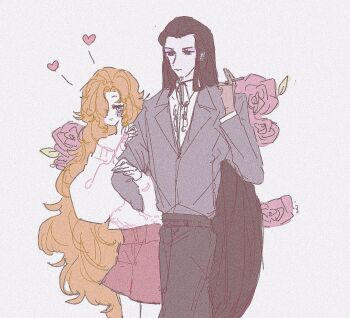 2boys arm_hug belt black_belt black_hair black_pants blue_eyes blush brown_gloves center_frills cigarette closed_mouth commentary_request cowboy_shot curly_hair curtained_hair dating eyeshadow flower frills gloves grey_jacket hair_over_one_eye hair_slicked_back hand_on_another's_arm hand_up heart height_difference highres holding holding_cigarette jack_barbarosa_bancoran jacket kouya_(user_pnar5848) lapels light_smile long_hair long_sleeves looking_ahead makeup male_focus maraich_juschenfe multiple_boys notched_lapels one_eye_covered orange_hair pants patalliro! purple_eyeshadow red_flower red_rose red_shorts rose short_shorts shorts sweater trap undershirt very_long_hair walking white_sweater yaoi