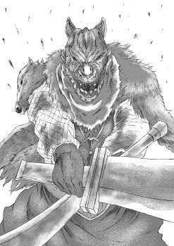 1boy 913kousatu absurdres commentary_request cowboy_shot crossed_swords dark_souls_(series) dark_souls_ii dual_wielding gloves greyscale head_of_vengral highres holding holding_sword holding_weapon male_focus monochrome pelt solo sword tunic weapon wolf_hat