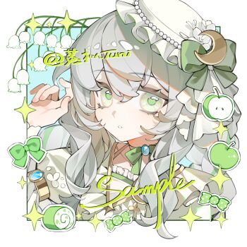 1girl apple bow bow_choker candy choker commission crescent crescent_hat_ornament eyelashes fingernails flower food frills fruit gem green_bow green_choker green_eyes grey_hair hair_between_eyes hat hat_ornament highres lily_of_the_valley long_hair long_sleeves looking_at_viewer mihuashi_commission nail_polish original parted_lips pearl_(gemstone) pink_nails sample_watermark sidelocks solo square sticker tuni_(weibo_5659389536) upper_body watermark white_flower white_hat