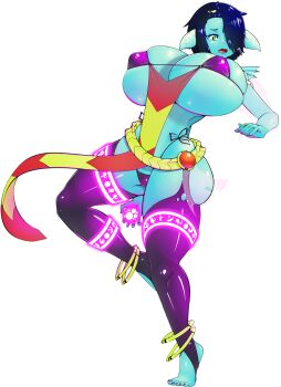 1girl animated animated_gif anklet arabian_clothes barefoot be_witches blue_hair blue_skin breast_expansion breasts colored_skin covered_erect_nipples female_focus fish_girl full_body green_eyes hair_over_one_eye highres huge_breasts jewelry large_breasts medium_breasts nail_polish nosebecc official_art short_hair skindentation small_breasts solo stirrup_legwear thick_thighs thighhighs thighs toeless_legwear toenail_polish toenails vuu_(be_witches)