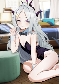 1girl absurdres ahoge animal_ears black_halo blue_archive blush breasts demon_girl demon_horns demon_wings halo highres hina_(blue_archive) horns indoors katachi long_hair looking_at_viewer low_wings on_bed playboy_bunny purple_eyes rabbit_ears sitting small_breasts solo very_long_hair white_hair wings