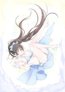 Rule 34 | 1girl, absurdres, ass, bikini, blue bikini, blush, bow, breasts, brown hair, frills, hair bow, highres, large breasts, legs up, livetarica, long hair, navel, original, shoes, simple background, solo, stomach, swimsuit, white shoes, yellow eyes