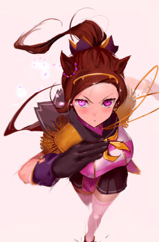 1girl animal_ears asymmetrical_bangs black_gloves blush breasts brown_hair cherry_blossoms commentary_request concentrating ear_ornament epaulettes flower_in_eye full_body furrowed_brow gloves gold_hairband hairband highres horse_ears horse_girl jyon large_breasts long_hair looking_past_viewer motion_blur motion_lines neckerchief parted_lips petals pink_background pink_eyes pink_shirt ponytail running running_towards_viewer sakura_bakushin_o_(blossom_in_learning)_(umamusume) sakura_bakushin_o_(umamusume) shirt shorts solo straight-on sweat swept_bangs symbol_in_eye tail thighhighs umamusume white_thighhighs