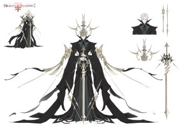 Rule 34 | 1boy, absurdres, black robe, blindfold mask, chinese commentary, closed mouth, commentary request, copyright name, covered eyes, curtained hair, eye socket, facing viewer, floating armor, floating headgear, full body, gold mask, grey eyes, headgear, high collar, highres, holding, holding sword, holding weapon, long sleeves, mask, mature male, missing eye, multiple views, original, parted bangs, planted, planted sword, planted weapon, reference sheet, robe, short hair, shoulder guard, simple background, solo, standing, straight-on, sword, turnaround, watermark, weapon, weibo watermark, white background, white hair, wide sleeves, wrinkled skin, yu er zhen xian