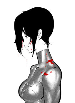 1girl alt_text batgirl batman_symbol black_eyes black_hair blood blood_on_clothes blood_on_face bodysuit breasts cassandra_cain closed_mouth collarbone commentary dc_comics english_commentary half-closed_eyes medium_breasts monochrome no_mask profile psuede short_hair simple_background solo spot_color superhero_costume white_background