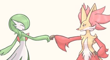 1girl 1other ^_^ alternate_hair_length alternate_hairstyle animal_ear_fluff animal_ears animal_nose arm_up blush body_fur closed_eyes closed_mouth colored_skin delphox facing_another flat_chest fox_ears from_side furry gardear058 gardevoir gen_3_pokemon gen_6_pokemon green_hair green_skin hand_on_own_hip happy light_blush looking_at_another medium_hair multicolored_fur multicolored_skin nintendo open_mouth outstretched_arm pokemon pokemon_(creature) profile red_eyes red_fur simple_background smile snout standing two-tone_skin upper_body white_fur white_skin yellow_fur