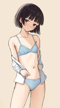 1girl absurdres bare_shoulders black_hair blue_bra blue_panties blush bow bow_bra bow_panties bra breasts brown_background brown_eyes closed_mouth collarbone commentary_request head_tilt highres itsuki_nofuji long_sleeves looking_at_viewer navel off_shoulder open_clothes open_shirt original panties shirt short_hair simple_background small_breasts solo underwear white_shirt