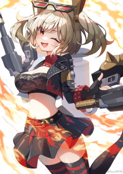 Rule 34 | 1girl, absurdres, black gloves, black jacket, black skirt, black thighhighs, blonde hair, breasts, burnice white, cleavage, crop top, eyewear on head, fire, flamethrower, gloves, highres, holding, holding flamethrower, holding weapon, jacket, kuro015896, looking at viewer, medium breasts, one eye closed, open mouth, red eyes, short hair, short twintails, simple background, skirt, smile, solo, sunglasses, thighhighs, twintails, weapon, white background, zenless zone zero