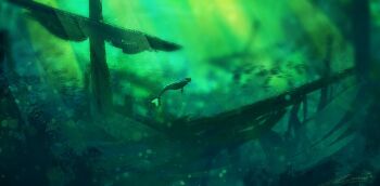 1girl artist_name broken green_theme landscape light_particles mermaid monster_girl original painterly scenery school_of_fish ship signature solo subsurface_scattering sunken swimming underwater watercraft zandra