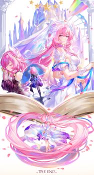 2girls absurdres bare_shoulders breasts bridal_veil castle chinese_commentary coat commentary_request cyrene_(aedes_elysiae)_(honkai:_star_rail) cyrene_(honkai:_star_rail) cyrene_(ripples_of_past_reverie)_(honkai:_star_rail) diamond-shaped_pupils diamond_(shape) dress dual_persona evzeva highres holding_wheat honkai:_star_rail honkai_(series) large_breasts long_hair multiple_girls multiple_views pink_hair purple_coat purple_eyes rainbow short_hair small_breasts smile symbol-shaped_pupils veil very_long_hair white_dress