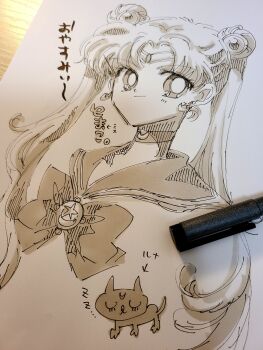 1girl absurdres bishoujo_senshi_sailor_moon bow bowtie crescent crescent_choker crescent_earrings double_bun earrings hair_bun highres jewelry looking_at_viewer luna_(sailor_moon) parted_bangs rockcandy_0000 sailor_collar sailor_moon sketch smile traditional_media transformation_brooch_(sailor_moon) twintails