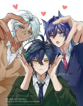 3boys animal_ears bat_ears black_hair black_necktie blonde_hair blue_eyes blue_hair blue_sweater_vest brown_jacket closed_mouth commentary_request dark-skinned_male dark_skin facial_mark genshin_impact green_eyes green_hair green_jacket grey_hair heart heart_hands_failure heterochromia highres ifa_(genshin_impact) jacket kinich_(genshin_impact) long_sleeves male_focus multicolored_hair multiple_boys neck_tattoo necktie open_mouth ororon_(genshin_impact) pink_eyes red_necktie shirt short_hair skg_g streaked_hair sweater_vest tattoo white_background white_shirt