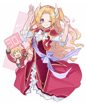 1boy 1girl ^^^ achan_(blue_semi) alfin_reise_arnor blonde_hair blue_eyes breasts brooch brother_and_sister chibi chibi_inset cleavage coat countdown cowboy_shot dress eiyuu_densetsu epaulettes falcom flower frilled_dress frills hair_ornament heart jewelry long_hair olivert_reise_arnor one_eye_closed open_mouth parted_bangs pink_background ponytail purple_eyes rose sen_no_kiseki_(series) sen_no_kiseki_i short_hair short_ponytail siblings simple_background small_breasts twintails two-tone_background white_background