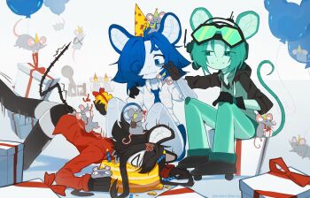 Rule 34 | 3girls, anger vein, animal ears, black gloves, black hair, blue eyes, blue hair, box, cake, candle, catapult, closed mouth, collared shirt, commentary, english commentary, eyes visible through hair, food, gift, gift box, gloves, green eyes, green hair, hair over one eye, hat, highres, long sidelocks, long sleeves, looking at another, mouse (animal), mouse ears, mouse girl, mouse tail, multiple girls, original, parasoru buruu, party hat, puffy short sleeves, puffy sleeves, red shirt, robot girl, shirt, short hair, short sleeves, sidelocks, sitting on gift box, smile, tail