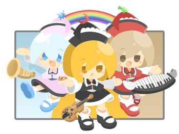 Rule 34 | 3girls, baek ban, black hat, black skirt, black vest, blonde hair, blue hair, blush stickers, brown hair, bugle, commentary, crescent, crescent hat ornament, double-parted bangs, floating instrument, hat, hat ornament, instrument, keyboard (instrument), korean commentary, lunasa prismriver, lyrica prismriver, mary janes, merlin prismriver, multiple girls, outstretched arms, pink hat, pink skirt, pink vest, rainbow, red hat, red skirt, red vest, shoes, siblings, sisters, skirt, smile, socks, star (symbol), star hat ornament, sun hat ornament, touhou, trumpet, vest, violin, white socks