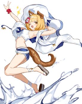 1girl absurdres animal_ears arm_on_own_head arm_up blonde_hair blue_hat blue_jacket blue_shorts brown_eyes cosplay crop_top flower full_body granblue_fantasy hair_flower hair_ornament hairclip hat highres huang_(granblue_fantasy) jacket jumping legs looking_at_viewer medium_hair multicolored_flower multicolored_hat multicolored_jacket multicolored_shorts one_eye_closed open_clothes open_jacket open_mouth parallel_hairclips platform_sandals red_flower sailor_jacket sandals shiro_wa_(shiroshironix) short_shorts shorts simple_background sleeveless solo tail tiger_ears tiger_girl tiger_tail two-tone_flower two-tone_hat two-tone_jacket two-tone_shorts v vajra_(granblue_fantasy) vajra_(granblue_fantasy)_(cosplay) water white_background white_flower white_hat white_jacket white_shorts