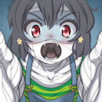 1girl angry bandaged_chest bandaged_hand bandaged_head bandaged_neck bandages black_hair blue_hair blue_overalls blush colored_skin denim denim_overalls fangs flower green_shirt grey_skin hair_flower hair_ornament headband looking_at_viewer mizuno_ai open_mouth overalls red_eyes shirt short_hair striped_clothes striped_shirt t_jiroo_(ringofriend) teeth upper_body yellow_flower zombie zombie_land_saga