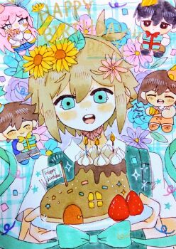 Rule 34 | 1girl, 4boys, aubrey (faraway) (omori), aubrey (omori), basil (faraway) (omori), basil (omori), birthday cake, black eyes, black hair, blonde hair, blue eyes, blue hairband, bouquet, bright pupils, brothers, brown hair, cake, candle, chibi, closed eyes, closed mouth, commentary request, double-parted bangs, flower, food, geldslzcyf59548, gift, hair between eyes, hair flower, hair ornament, hairband, happy birthday, hat, hero (faraway) (omori), hero (omori), holding, holding bouquet, holding gift, holding party popper, holding plate, kel (faraway) (omori), kel (omori), long hair, looking at viewer, multiple boys, omori, open mouth, orange shoes, orange shorts, party hat, party popper, pink hair, plate, shoes, short hair, shorts, siblings, sidelocks, sunny (omori), teeth, tongue, upper teeth only, white pupils