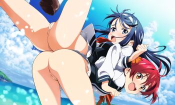 2girls ass back-to-back beach bent_over blue_eyes blue_hair blush bottomless carrying cleft_of_venus cloud exercising female_focus futaba_aoi_(vividred_operation) hair_ornament hairband isshiki_akane leg_lift locked_arms long_hair looking_at_viewer looking_back lying multiple_girls nude_filter ocean on_back open_mouth orange_eyes pussy red_hair school_uniform shoes short_hair short_twintails sky socks spread_legs stretching tanaka_yuusuke thighs third-party_edit twintails uncensored vividred_operation water