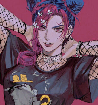 Rule 34 | 1girl, arms behind head, bead bracelet, beads, beni (96beni ), black hair, black nails, black shirt, bracelet, braid, braided ponytail, butterfly hair ornament, character print, commentary, cone hair bun, double bun, ear piercing, english commentary, fingernails, fishnet top, fishnets, green eyes, green hair, hair bun, hair ornament, hat, jewelry, jojo no kimyou na bouken, kuujou jolyne, kuujou joutarou, lipstick, long fingernails, looking up, makeup, medium hair, multicolored hair, nail polish, necklace, parted bangs, parted lips, piercing, pink background, pink eyes, red hair, shirt, side ponytail, simple background, smile, solo, stone ocean, tattoo, two-tone hair, upper body