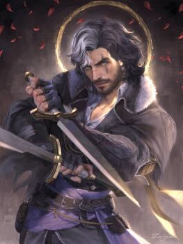 1boy beard belt black_belt black_gloves black_hair black_jacket blue_eyes clair_obscur:_expedition_33 closed_mouth collarbone collared_shirt commentary cowboy_shot dagger dual_wielding english_commentary facial_hair falling_petals fighting_stance fingerless_gloves fur-trimmed_jacket fur_trim gloves grey_hair halo highres holding holding_dagger holding_knife holding_weapon jacket knife male_focus medium_hair multicolored_hair petals red_petals sash scar scar_across_eye scar_on_face scar_on_nose shirt sign solo two-tone_hair verso_(clair_obscur:_expedition_33) waist_sash weapon white_shirt z31ly4n