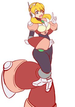 1girl alia_(mega_man) android blonde_hair blue_eyes bodysuit boots breasts capcom gloves headband index_finger_raised large_breasts leg_lift leg_up legs long_hair looking_at_viewer mega_man_x_(series) smile solo thighs