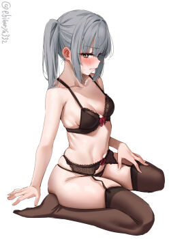 1girl bare_arms bare_shoulders blush bow bow_bra bow_panties bra breasts brown_eyes brown_thighhighs collarbone commentary_request ebifurya full_body garter_belt grey_hair highres kantai_collection kasumi_(kancolle) long_hair looking_at_viewer navel no_shoes one-hour_drawing_challenge panties ribs side_ponytail simple_background small_breasts solo sweat thighhighs twitter_username underwear underwear_only white_background white_bra white_panties