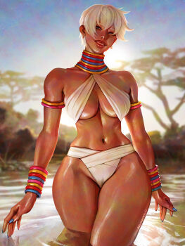 1girl 2025 armlet arms_at_sides artist_name azuma_yasuo bikini blue_eyes blue_nails blurry blurry_background blush bracelet breasts cameltoe capcom commentary contrapposto cowboy_shot curvy dark-skinned_female dark_skin day depth_of_field earrings elena_(street_fighter) english_commentary female_focus fingernails head_tilt highres jewelry large_breasts legs_apart long_fingernails looking_up mixed-language_commentary navel neck_ring outdoors parted_lips photo_(medium) pink_lips real_life reflection reflective_liquid savannah short_hair smile solo standing street_fighter street_fighter_6 swimsuit tan thick_lips thick_thighs thighs thong tribal underboob white_bikini wide_hips
