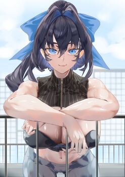 1girl absurdres adapted_costume against_railing black_hair blue_eyes blue_hair blue_ribbon breasts cleavage closed_mouth cloud cloudy_sky daaku_(koizumi_arata) day gradient_hair grey_pants hair_intakes hair_ribbon hashtag-only_commentary highres hololive hololive_english huge_breasts multicolored_hair navel ouro_kronii ouro_kronii_(1st_costume) outdoors pants railing ribbon sky smile solo virtual_youtuber
