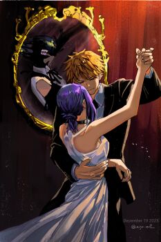 1boy 1girl aijo_hs4 arm_around_waist bare_arms bare_shoulders black_choker black_jacket black_necktie black_pants black_ribbon black_suit blonde_hair bomb_devil_(chainsaw_man) breasts chainsaw_man choker collared_shirt couple cowboy_shot dancing dated denji_(chainsaw_man) different_reflection dress dual_persona formal_clothes grenade_pin hair_bun hashtag-only_commentary hetero highres holding_hands jacket long_dress medium_breasts medium_hair mirror neck_ribbon necktie pants purple_hair reflection reze_(chainsaw_man) ribbon shirt short_hair sleeveless sleeveless_dress sleeveless_shirt suit suit_jacket teeth twitter_username updo white_dress white_shirt