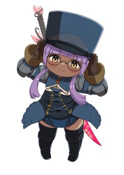 Rule 34 | 1girl, absurdres, blue hat, closed mouth, commentary request, commission, commissioner upload, dark-skinned female, dark skin, final fantasy, final fantasy xiv, glasses, hat, highres, lalafell, long hair, looking at viewer, pixiv commission, purple hair, shelldy, transparent background, warrior of light (ff14)
