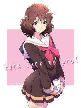 1girl bag black_bag brown_eyes brown_hair brown_shirt brown_skirt closed_mouth commentary_request copyright_name dated eupho-kun hibike!_euphonium highres kitauji_high_school_uniform looking_at_viewer neckerchief nii_manabu oumae_kumiko pink_neckerchief revision sailor_collar school_uniform shirt short_hair signature skirt smile solo standing thighs white_sailor_collar