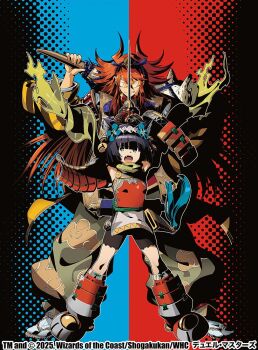 Rule 34 | 1boy, 1girl, 2025, animal ears, armored boots, armpits, bell, bike shorts, black hair, black shorts, boots, brown pants, cat ears, clenched teeth, club (weapon), copyright notice, duel masters, flower, green eyes, hair bell, hair flower, hair ornament, hairband, hibiki (duel masters), holding, holding club, holding sword, holding weapon, ishibashi yosuke, japanese clothes, katana, linkwood (duel masters), long hair, medium hair, official art, open mouth, orange goggles, pants, red hair, shorts, socks, sword, teeth, upper teeth only, waraji, weapon, white socks