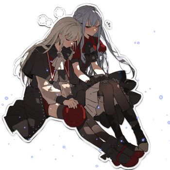 2girls absurdres artist_request ascot bang_dream! bang_dream!_it's_mygo!!!!! beret black_ascot black_boots black_capelet black_corset black_gloves black_pantyhose black_skirt black_socks blue_hair boots capelet chinese_commentary closed_eyes closed_mouth commentary_request commission corset earrings gloves green_hair hat highres holding holding_unworn_clothes holding_unworn_hat jewelry long_hair mortis_(bang_dream!) mortis_(costume)_(bang_dream!) multiple_girls oblivionis_(bang_dream!) one_eye_closed outline pantyhose red_hat red_shirt red_shoes second-party_source shirt shoes sidelocks sitting skirt sleeping sleeping_on_person socks togawa_sakiko unworn_hat unworn_headwear wakaba_mutsumi white_ascot white_outline