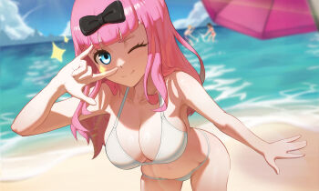 Rule 34 | 1girl, ;), beach, bikini, black bow, blue eyes, blunt bangs, blush, bow, breasts, cleavage, closed mouth, collarbone, fujiwara chika, hair bow, highres, kaguya-sama wa kokurasetai ~tensai-tachi no renai zunousen~, large breasts, long hair, looking at viewer, navel, nicassio, ocean, one eye closed, outdoors, pink hair, sand, shinomiya kaguya, shirogane miyuki, smile, solo, splashing, swimsuit, water, white bikini
